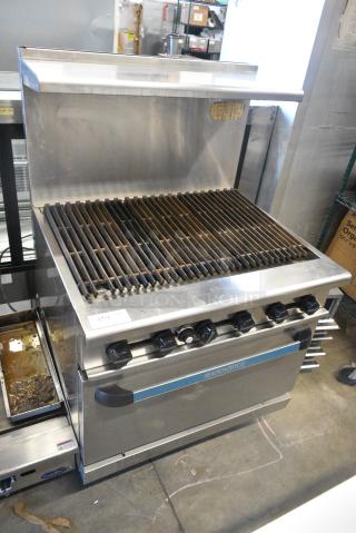 Radiance Stainless Steel Commercial Natural Gas Powered Charbroiler Grill w/ Oven, Over Shelf and Back splash.