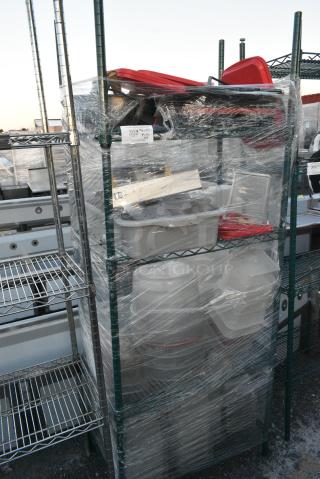 Green Finish 4 Tier Wire Shelving Unit w/ Contents Including Poly Lids and Bins. BUYER MUST DISMANTLE. PCI CANNOT DISMANTLE FOR SHIPPING. PLEASE CONSIDER FREIGHT CHARGES.