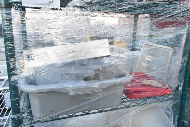 Green Finish 4 Tier Wire Shelving Unit w/ Contents Including Poly Lids and Bins. BUYER MUST DISMANTLE. PCI CANNOT DISMANTLE FOR SHIPPING. PLEASE CONSIDER FREIGHT CHARGES. - Image 3 of 5