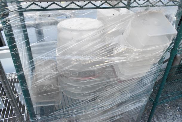Green Finish 4 Tier Wire Shelving Unit w/ Contents Including Poly Lids and Bins. BUYER MUST DISMANTLE. PCI CANNOT DISMANTLE FOR SHIPPING. PLEASE CONSIDER FREIGHT CHARGES. - Image 4 of 5
