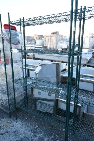 Green Finish 4 Tier Wire Shelving Unit. BUYER MUST DISMANTLE. PCI CANNOT DISMANTLE FOR SHIPPING. PLEASE CONSIDER FREIGHT CHARGES.