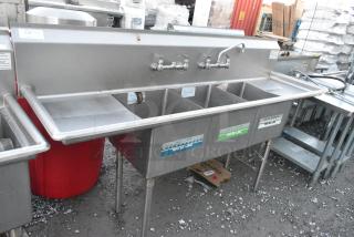 Stainless Steel Commercial 3 Bay Sink w/ Dual Drain Boards, Faucet and 2 Sets of Handles. - Item #1156688