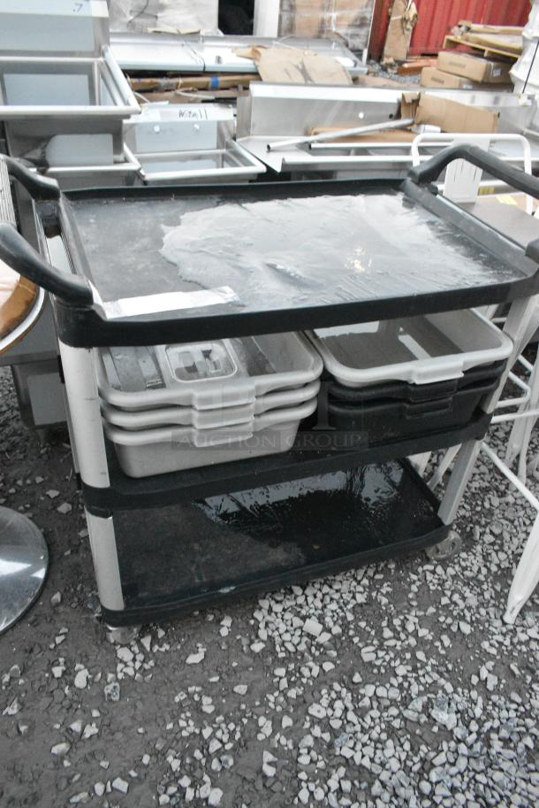 Black Poly 3 Tier Cart w/ Contents Including Gray Poly Bus Bins - Image 1 of 3