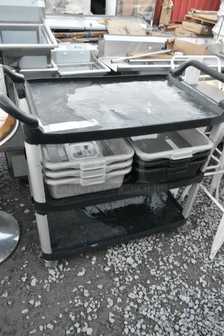 Black Poly 3 Tier Cart w/ Contents Including Gray Poly Bus Bins