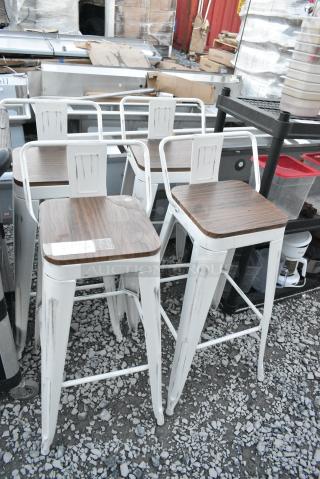 4 Gray Metal Bar Height Chair w/ Wood Pattern Seat. 4 Times Your Bid!