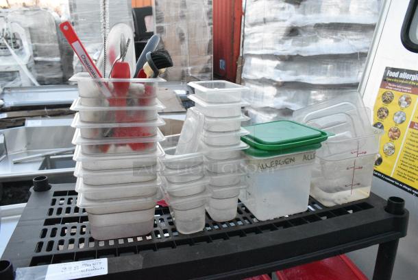 Black Poly 3 Tier Shelving Unit w/ Contents Including Poly Bins and Lids. - Image 2 of 4