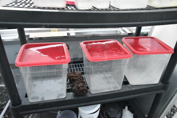 Black Poly 3 Tier Shelving Unit w/ Contents Including Poly Bins and Lids. - Image 3 of 4
