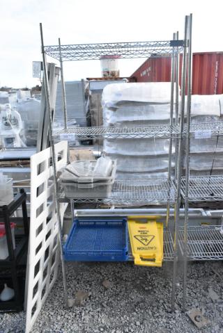 Chrome Finish 4 Tier Wire Shelving Unit w/ Contents Including Wet Floor Caution Signs. BUYER MUST DISMANTLE. PCI CANNOT DISMANTLE FOR SHIPPING. PLEASE CONSIDER FREIGHT CHARGES.
