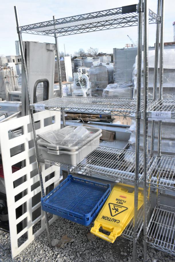 Chrome Finish 4 Tier Wire Shelving Unit w/ Contents Including Wet Floor Caution Signs. BUYER MUST DISMANTLE. PCI CANNOT DISMANTLE FOR SHIPPING. PLEASE CONSIDER FREIGHT CHARGES. - Image 2 of 4