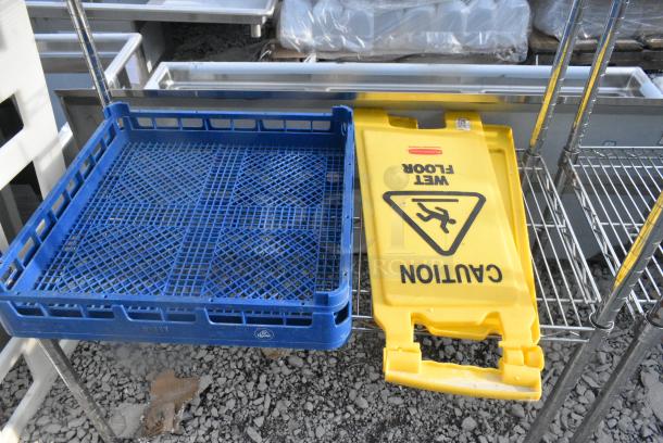 Chrome Finish 4 Tier Wire Shelving Unit w/ Contents Including Wet Floor Caution Signs. BUYER MUST DISMANTLE. PCI CANNOT DISMANTLE FOR SHIPPING. PLEASE CONSIDER FREIGHT CHARGES. - Image 4 of 4