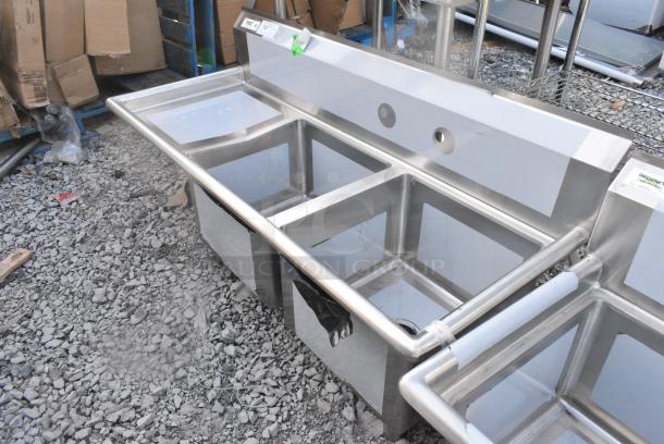 BRAND NEW SCRATCH AND DENT! Regency 600S2171718L 57" 16 Gauge Stainless Steel Two Compartment Commercial Sink w/ 1 Drainboard - 17" x 17" x 12" Bowls - Left Drainboard. No Legs. - Image 3 of 5