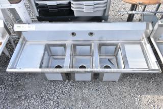 BRAND NEW SCRATCH AND DENT! Regency 600S31014212 58" 16-Gauge Stainless Steel Three Compartment Commercial Sink w/ 2 Drainboards - 10" x 14" x 10" Bowls. No Legs.