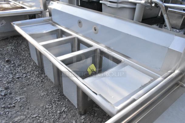 BRAND NEW SCRATCH AND DENT! Regency 600S31014212 58" 16-Gauge Stainless Steel Three Compartment Commercial Sink w/ 2 Drainboards - 10" x 14" x 10" Bowls. No Legs. - Image 3 of 4