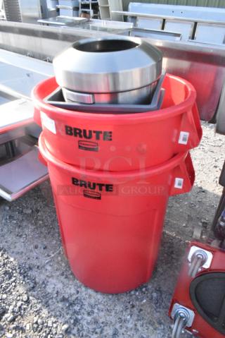 5 BRAND NEW SCRATCH AND DENT! Various Items Including 2 Rubbermaid Brute Red Trash Cans, 2 Gray Trash Cans and Rubbermaid Stainless Steel Trash Can Shell. 5 Times Your Bid!