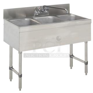 BRAND NEW SCRATCH AND DENT! Steelton 522BS3T38 3 Bowl 18 Gauge Underbar Sink - 38" x 18 3/4". May Be Missing Pieces.
