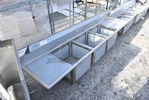 BRAND NEW SCRATCH AND DENT! Regency 600S31818218 94" 16 Gauge Stainless Steel Three Compartment Commercial Sink with Cross Bracing and 2 Drainboards - 18" x 18" x 14" Bowls. No Legs. - Image 2 of 5