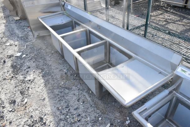 BRAND NEW SCRATCH AND DENT! Regency 600S31818218 94" 16 Gauge Stainless Steel Three Compartment Commercial Sink with Cross Bracing and 2 Drainboards - 18" x 18" x 14" Bowls. No Legs. - Image 3 of 5