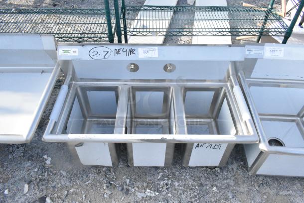 BRAND NEW SCRATCH AND DENT! Regency 600S314014s 39" 16-Gauge Stainless Steel Three Compartment Commercial Sink with Galvanized Steel Legs and without Drainboards - 10" x 14" x 12" Bowls. No Legs. - Image 1 of 4