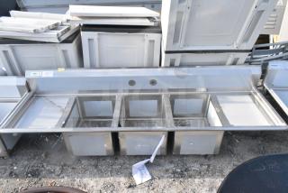 BRAND NEW SCRATCH AND DENT! Regency 600S31620218 88" 16 Gauge Stainless Steel Three Compartment Commercial Sink with Galvanized Steel Legs and 2 Drainboards - 16" x 20" x 12" Bowls. No Legs.