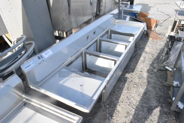BRAND NEW SCRATCH AND DENT! Regency Spec Line Stainless Steel Three Compartment Commercial Sink with Galvanized Steel Legs and 2 Drainboards. No Legs. - Image 2 of 6