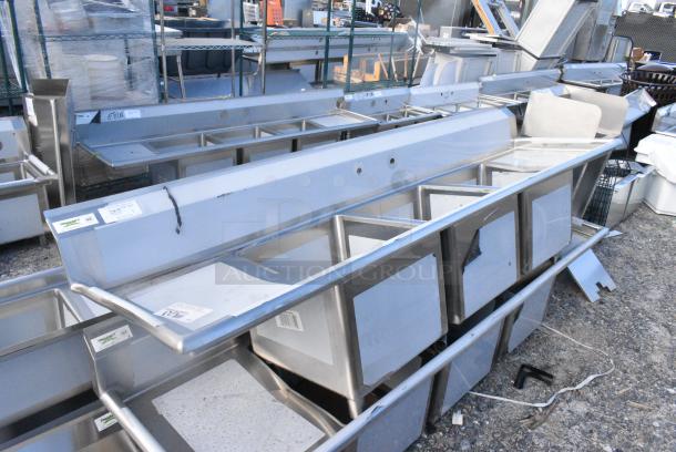 BRAND NEW SCRATCH AND DENT! Regency 600S3181818X 94" 16 Gauge Stainless Steel Three Compartment Commercial Sink with Cross Bracing and 2 Drainboards - 18" x 18" x 14" Bowls. No Legs. - Image 2 of 5