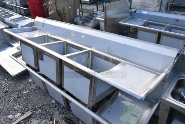 BRAND NEW SCRATCH AND DENT! Regency 600S3181818X 94" 16 Gauge Stainless Steel Three Compartment Commercial Sink with Cross Bracing and 2 Drainboards - 18" x 18" x 14" Bowls. No Legs. - Image 3 of 5