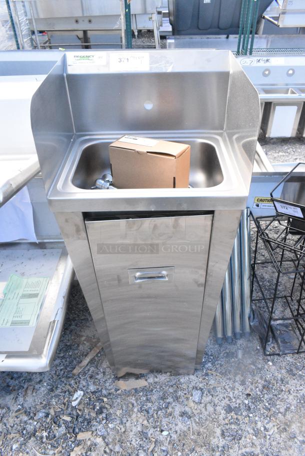 BRAND NEW SCRATCH AND DENT! Regency 600HS17FTPSP 17" x 15" Hands-Free Hand Sink with Pedestal Base and Side Splashes - Image 1 of 7