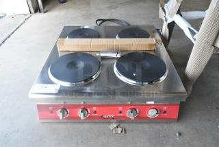BRAND NEW SCRATCH AND DENT! Avantco 177CER400 Stainless Steel Commercial Countertop 4-Burner Solid French-Style Electric Range. 208/240 Volts, 1 Phase.