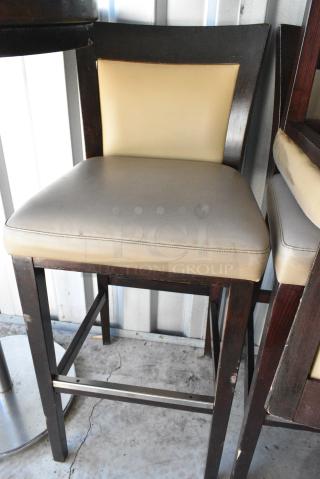 9 Wood Pattern Bar Height Chairs w/ Tan Cushions. 9 Times Your Bid!