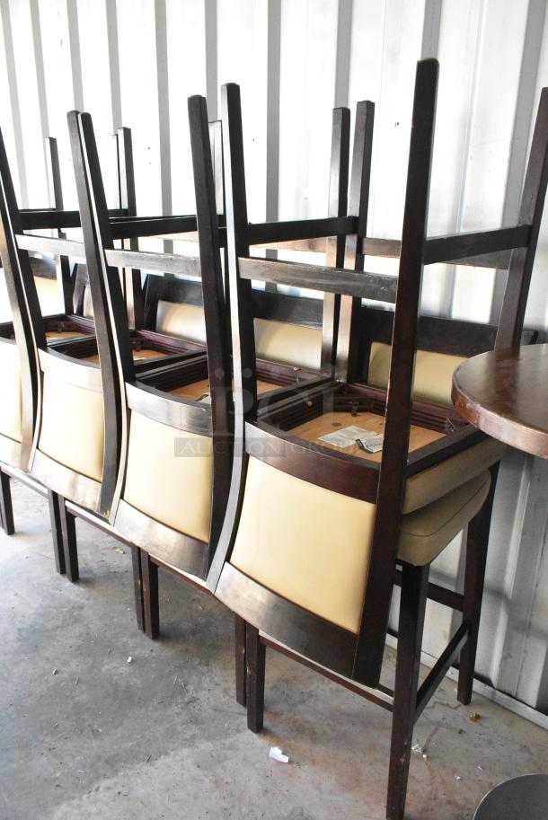 9 Wood Pattern Bar Height Chairs w/ Tan Cushions. 9 Times Your Bid! - Image 3 of 4