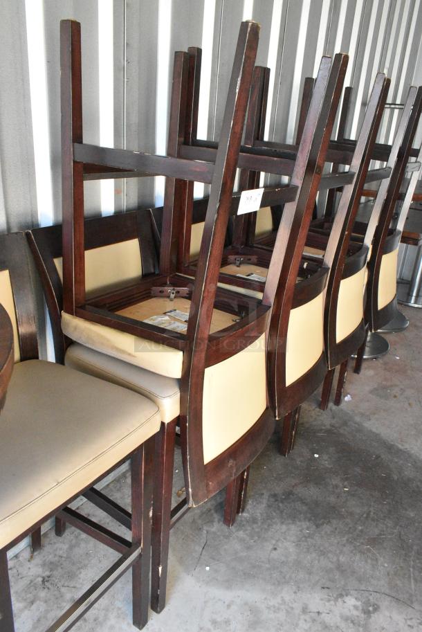 9 Wood Pattern Bar Height Chairs w/ Tan Cushions. 9 Times Your Bid! - Image 4 of 4