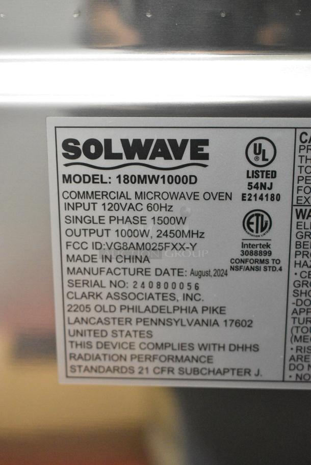 BRAND NEW SCRATCH AND DENT! 2024 Solwave 180MW1000D Stainless Steel Commercial Microwave with Dial Control. 120 Volts, 1 Phase. - Image 8 of 8