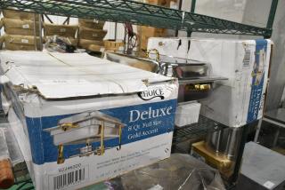 3 BRAND NEW SCRATCH AND DENT! Choice 92246320 Deluxe 8 Qt. Full Size Gold Accent Chafer. 3 Times Your Bid!