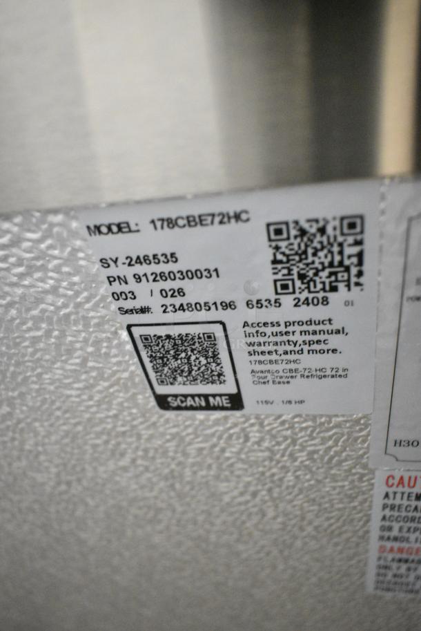 BRAND NEW SCRATCH AND DENT! 2024 Avantco 178CBE72HC Stainless Steel Commercial 4 Drawer Chef Base on Commercial Casters. 115  Volts, 1 Phase. Tested and Working! - Image 8 of 8