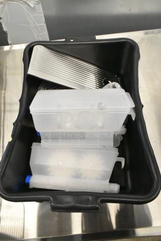 BRAND NEW SCRATCH AND DENT! ALL ONE MONEY! Lot of Various Items Including Poly Hoppers in Black Poly Bus Bin