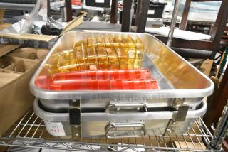 BRAND NEW! Lot of 26 Items Including 2 Metal Baking Roasting Pans, 12 Red Poly Tumblers and 12 Amber Colored 1/9 Size Drop In Bins.