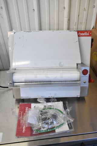 BRAND NEW SCRATCH AND DENT! Estella 348EDS12S Stainless Steel Commercial 12" Countertop One Stage Dough Sheeter. 120 Volts, 1 Phase.