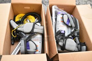 2 BRAND NEW SCRATCH AND DENT! Items Including 196107709 ProTeam GoFit 6 PLUS 107709 6 Qt. Backpack Vacuum with 106820 15" Sidewinder Carpet Kit - 120V and 196107709. 2 Times Your Bid!