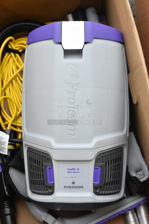 2 BRAND NEW SCRATCH AND DENT! Emerson Items Including 196107698 ProTeam GoFit 6 107698 6 Qt. Backpack Vacuum with 107530 ProBlade Carpet Floor Kit - 120V and 196107693 ProTeam GoFit 10 107693 10 Qt. Backpack Vacuum with 106841 18" Sidewinder Carpet Kit - 120V. 2 Times Your Bid! - Image 7 of 12