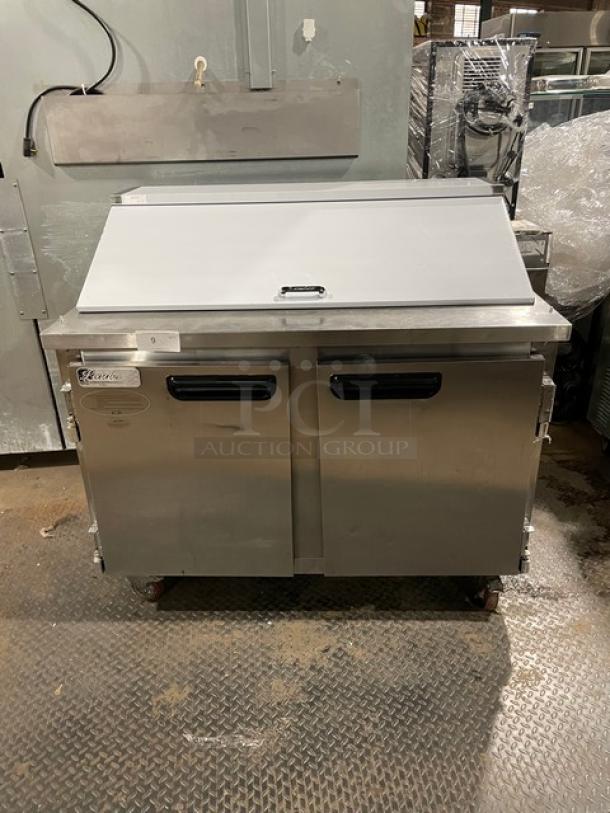 Leader Commercial Stainless Steel 2 Door Refrigerated Bain Marie Style Mega Top Salad/Sandwich Prep Table! Model: ESLM48S/C SN: NQ01M2807A! 115V 1 Phase! On Casters! - Image 1 of 9