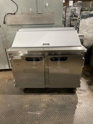 Leader Commercial Stainless Steel 2 Door Refrigerated Bain Marie Style Mega Top Salad/Sandwich Prep Table! Model: ESLM48S/C SN: NQ01M2807A! 115V 1 Phase! On Casters!