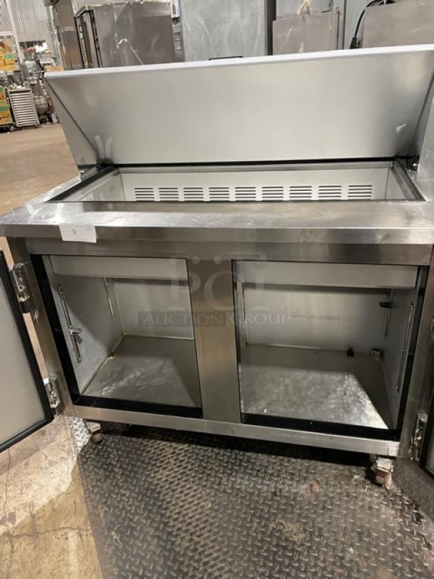 Leader Commercial Stainless Steel 2 Door Refrigerated Bain Marie Style Mega Top Salad/Sandwich Prep Table! Model: ESLM48S/C SN: NQ01M2807A! 115V 1 Phase! On Casters! - Image 5 of 9