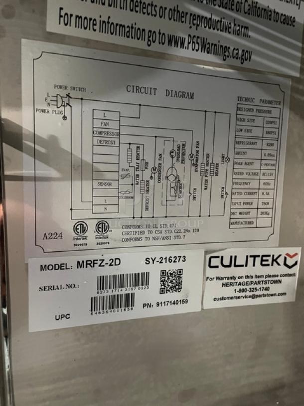 Culitek Commercial Stainless Steel Solid 2 Door Reach In Freezer! With Poly Coated Wire Racks! Model: MRFZ-2D SN: 6273171421070223! 115V! On Casters! - Image 8 of 9