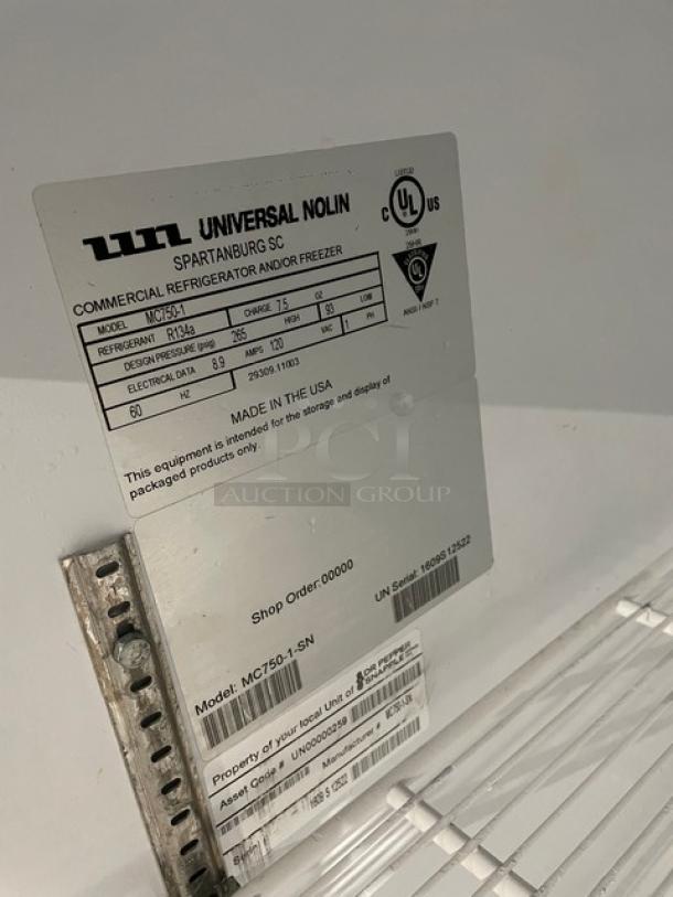 Universal Nolin By Beverage-Air Commercial Black Single Glass Door Reach In Refrigerator Merchandiser! With Poly Coated Wire Racks! Model: MC750-1 SN: 1609S12522! - Image 6 of 7