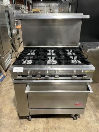 DCS Commercial Stainless Steel Natural Gas Powered 6 Burner Range & Oven Combo! With Back Splash & Overhead Salamander Shelf! With Wired Oven Rack! On Casters!