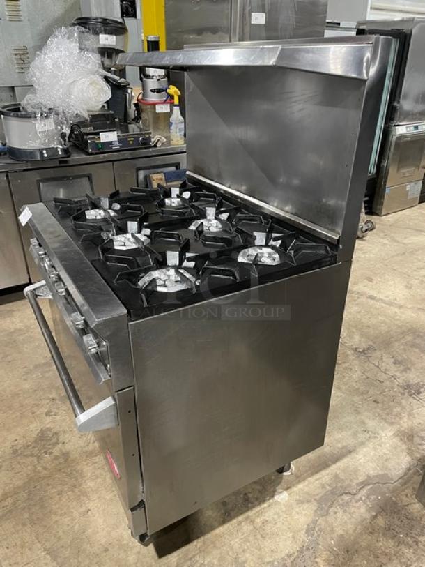 DCS Commercial Stainless Steel Natural Gas Powered 6 Burner Range & Oven Combo! With Back Splash & Overhead Salamander Shelf! With Wired Oven Rack! On Casters! - Image 2 of 9