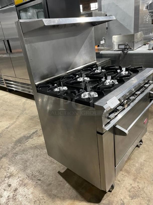 DCS Commercial Stainless Steel Natural Gas Powered 6 Burner Range & Oven Combo! With Back Splash & Overhead Salamander Shelf! With Wired Oven Rack! On Casters! - Image 3 of 9
