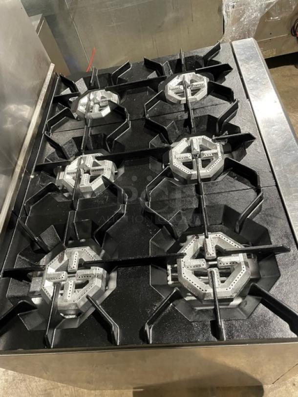 DCS Commercial Stainless Steel Natural Gas Powered 6 Burner Range & Oven Combo! With Back Splash & Overhead Salamander Shelf! With Wired Oven Rack! On Casters! - Image 5 of 9