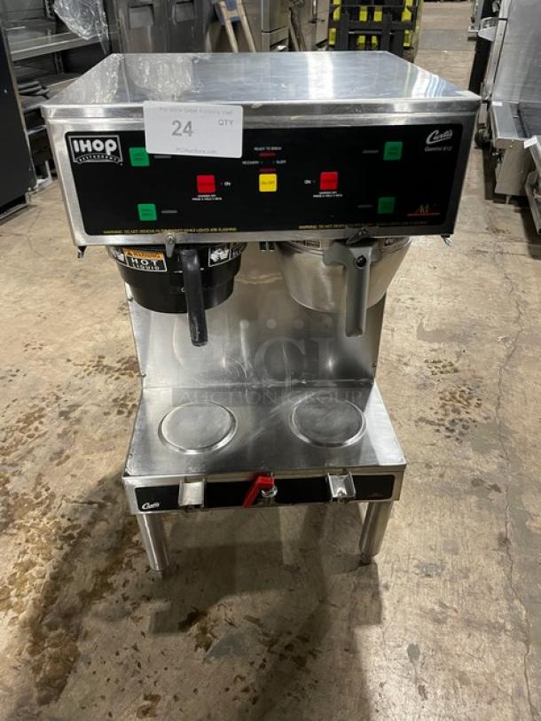Wilbur Curtis IHop Style Gemini612 Series Commercial Stainless Steel Countertop Twin Coffee Brewer! With 2 Lower Warmers! Hot Water Dispenser! With Brew Funnels! Model: GEM612ILD1010 SN:10654103! 220V 1 Phase! On Legs! - Image 1 of 8