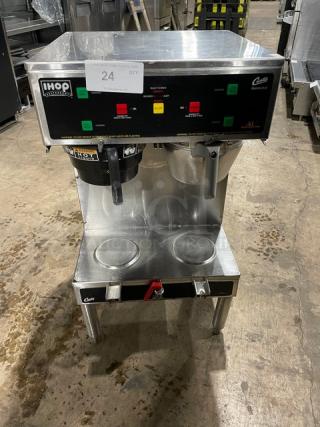 Wilbur Curtis IHop Style Gemini612 Series Commercial Stainless Steel Countertop Twin Coffee Brewer! With 2 Lower Warmers! Hot Water Dispenser! With Brew Funnels! Model: GEM612ILD1010 SN:10654103! 220V 1 Phase! On Legs!